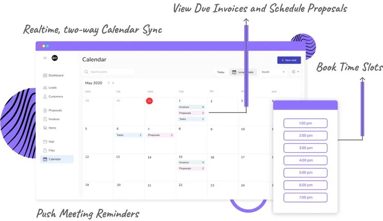 Clientjoy calendar with real-time two-way sync, due invoices and proposals on dates, bookable time slots and meeting reminders
