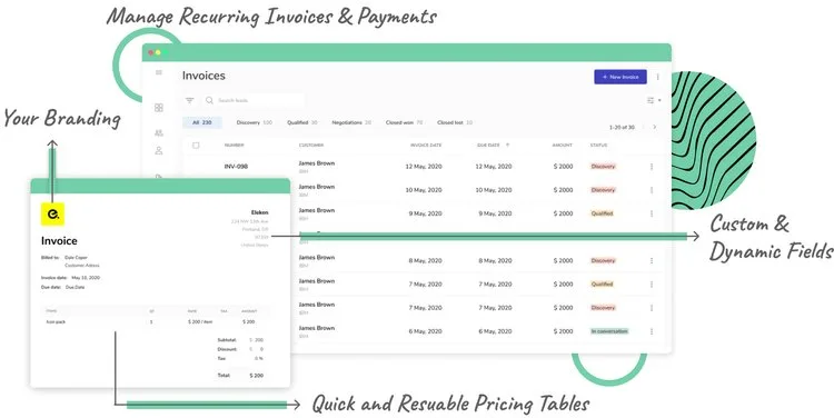 Clientjoy invoices list with a branded invoice preview, custom dynamic fields and reusable pricing tables