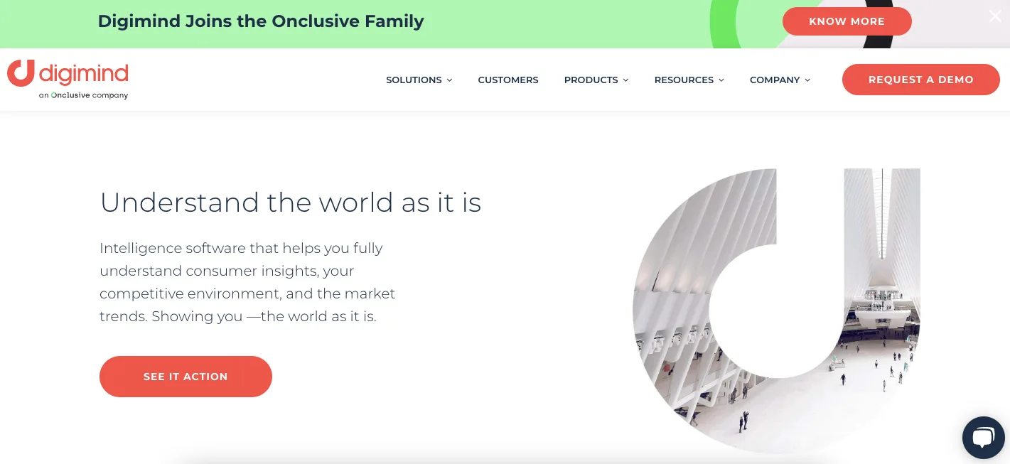 Digimind homepage: Understand the world as it is, intelligence software for consumer insights, with a see-it-in-action button