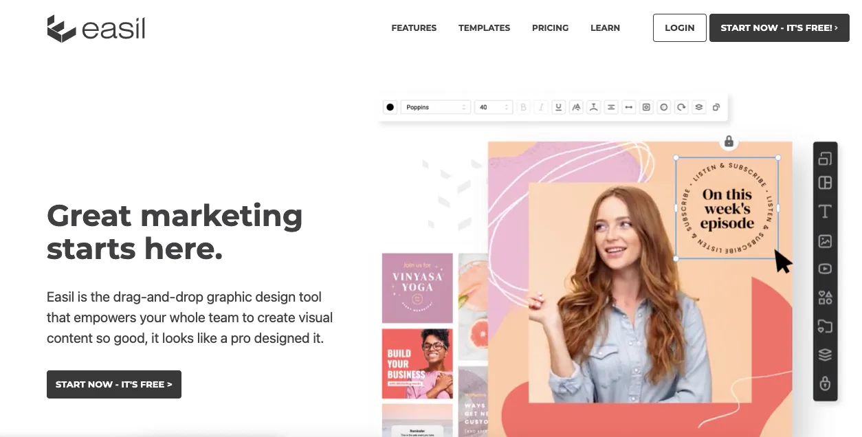 Easil homepage: Great marketing starts here, with a preview of the drag-and-drop design editor