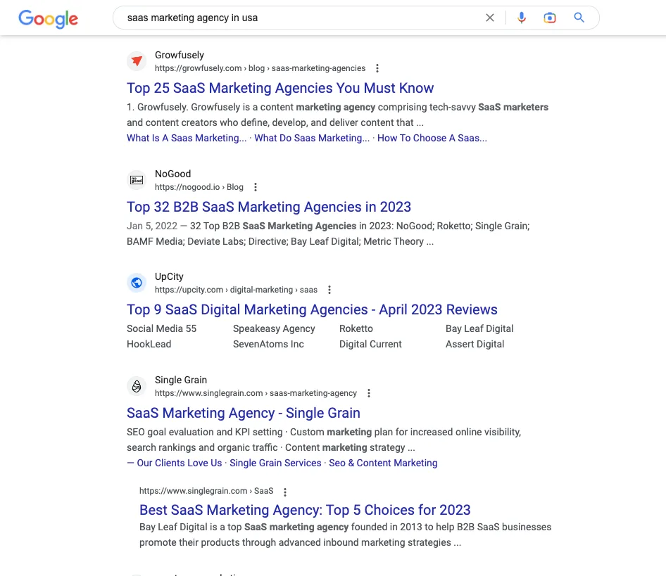SERP for Saas Marketing Agency in USA