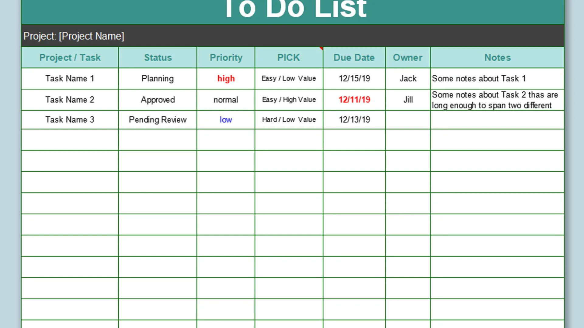 Excel of Printable to do list