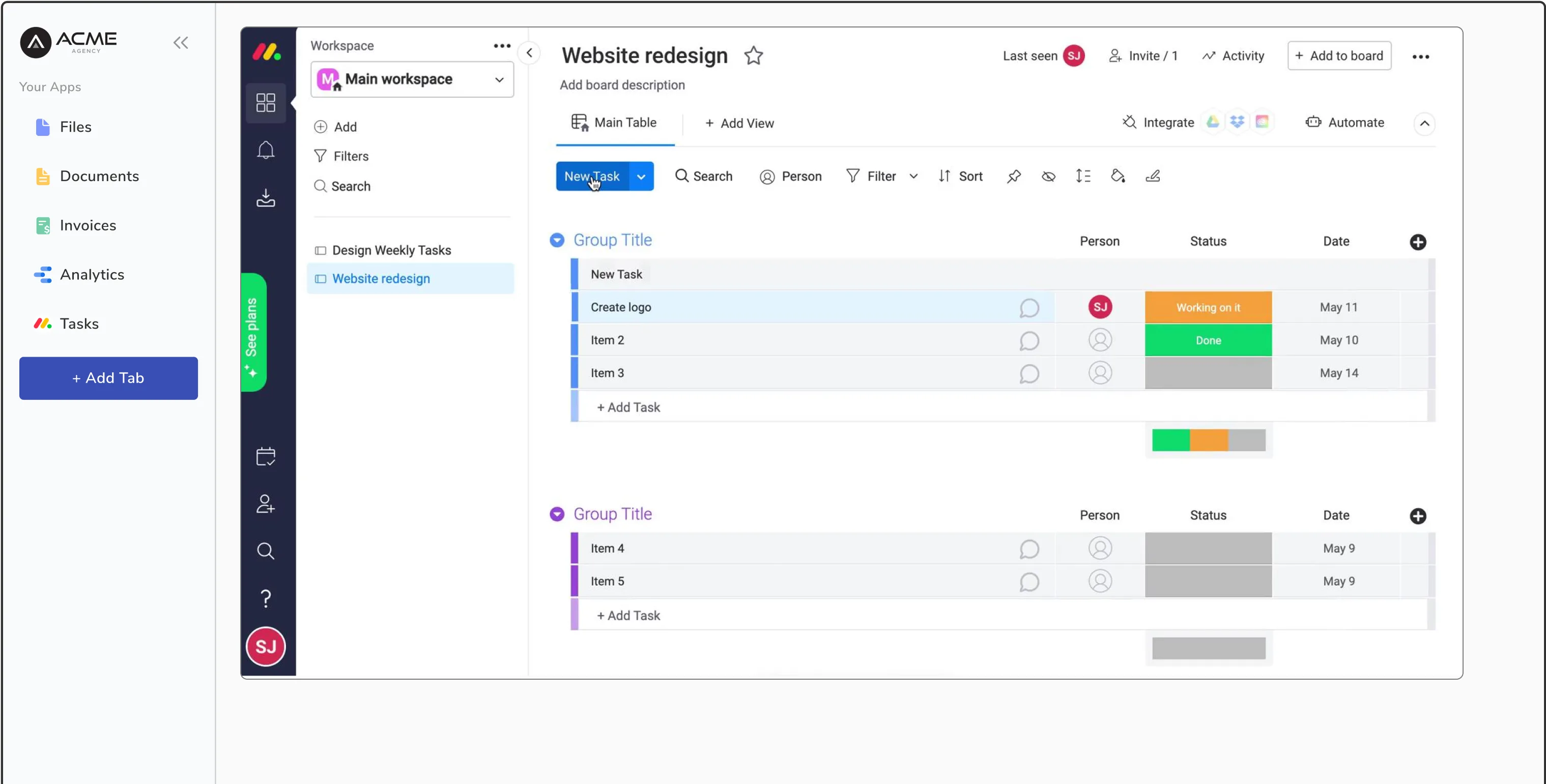 Monday.com Integrated on Clientjoy Client Portal