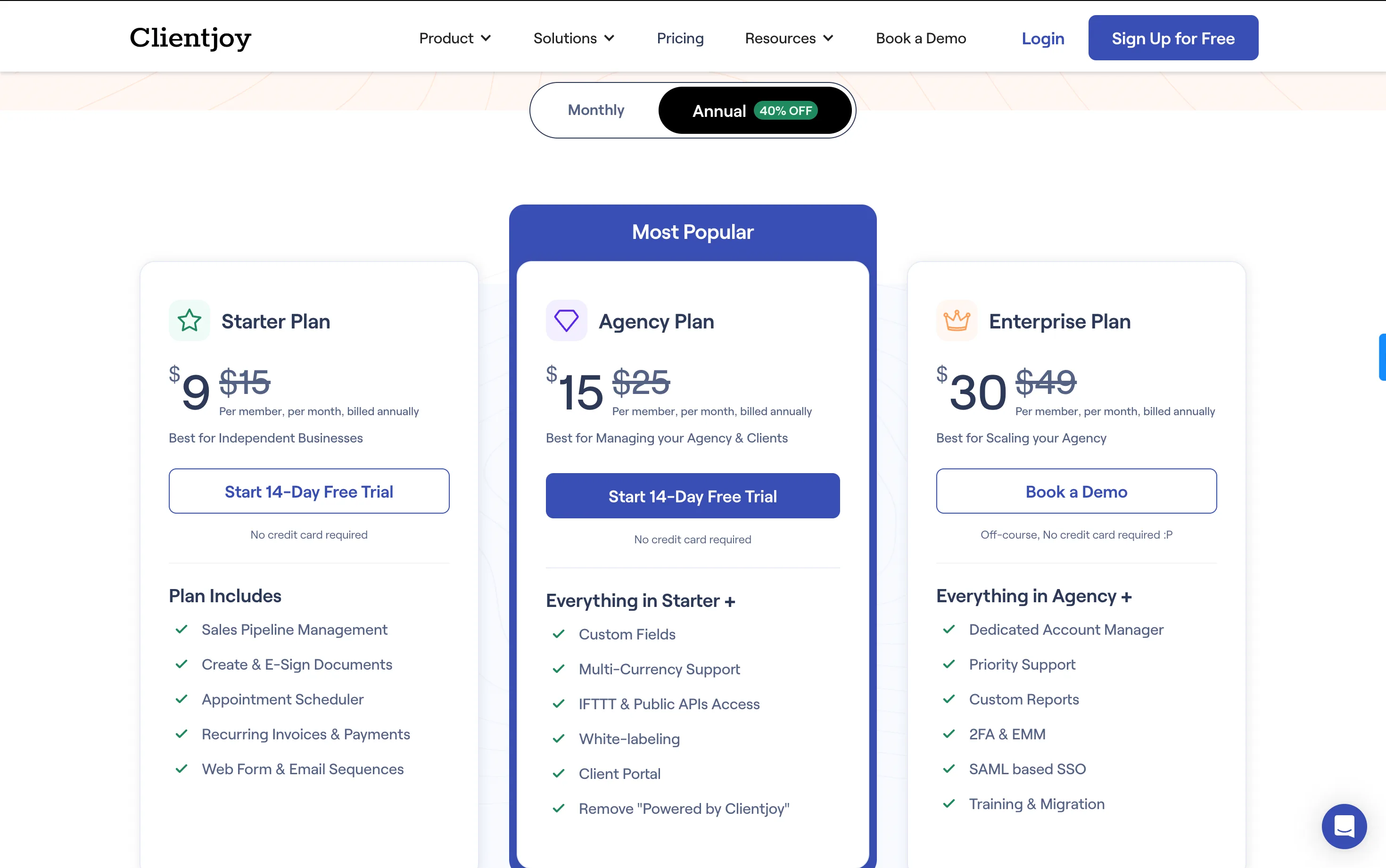 Clientjoy Monthly Pricing - Agency Plan