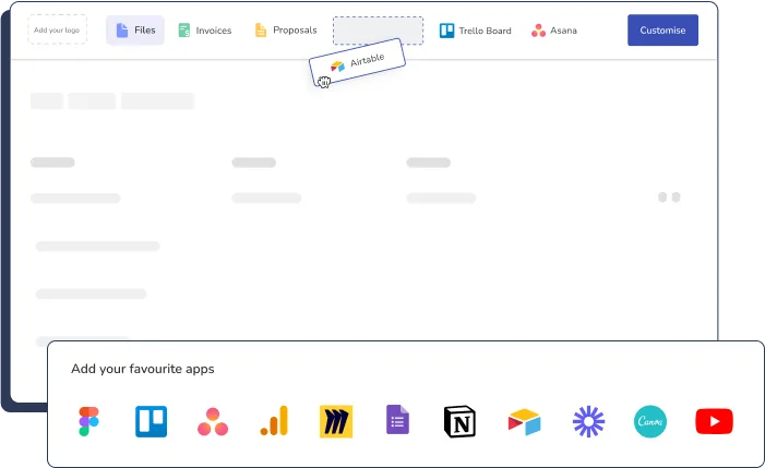 Clientjoy client portal mockup with tabs for files, invoices, proposals and integrated apps, and an add-your-favourite-apps panel